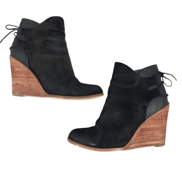Hinge Tracer Black Suede Leather Wooden Stacked Wedge Ankle Boots Size 8 Women's - Picture 5 of 11
